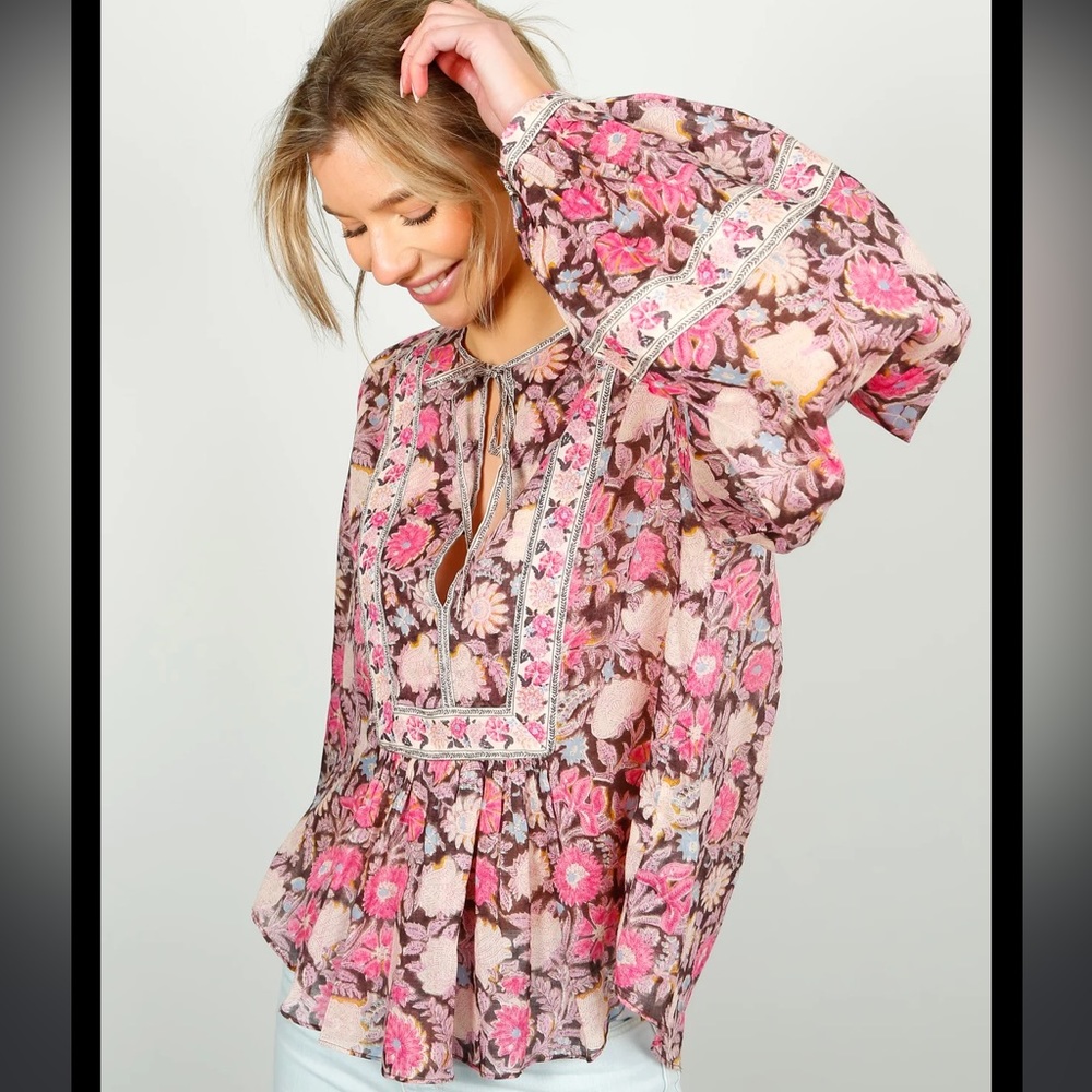 Isabel Marant Pink and Brown Ruffled Long Sleeve Blouse